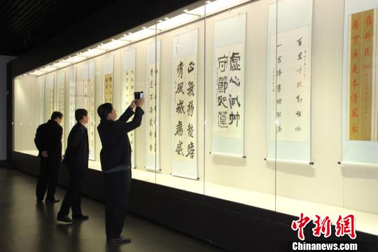 图为市民在廉政楹联面前拍照留念