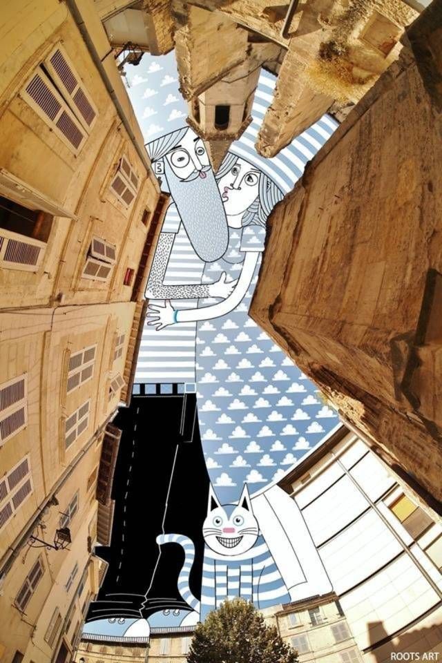 牛人艺术家在楼宇间的狭窄天空中作画