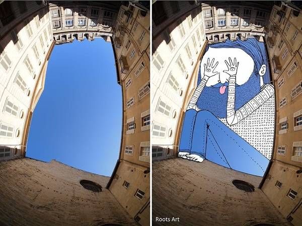 牛人艺术家在楼宇间的狭窄天空中作画