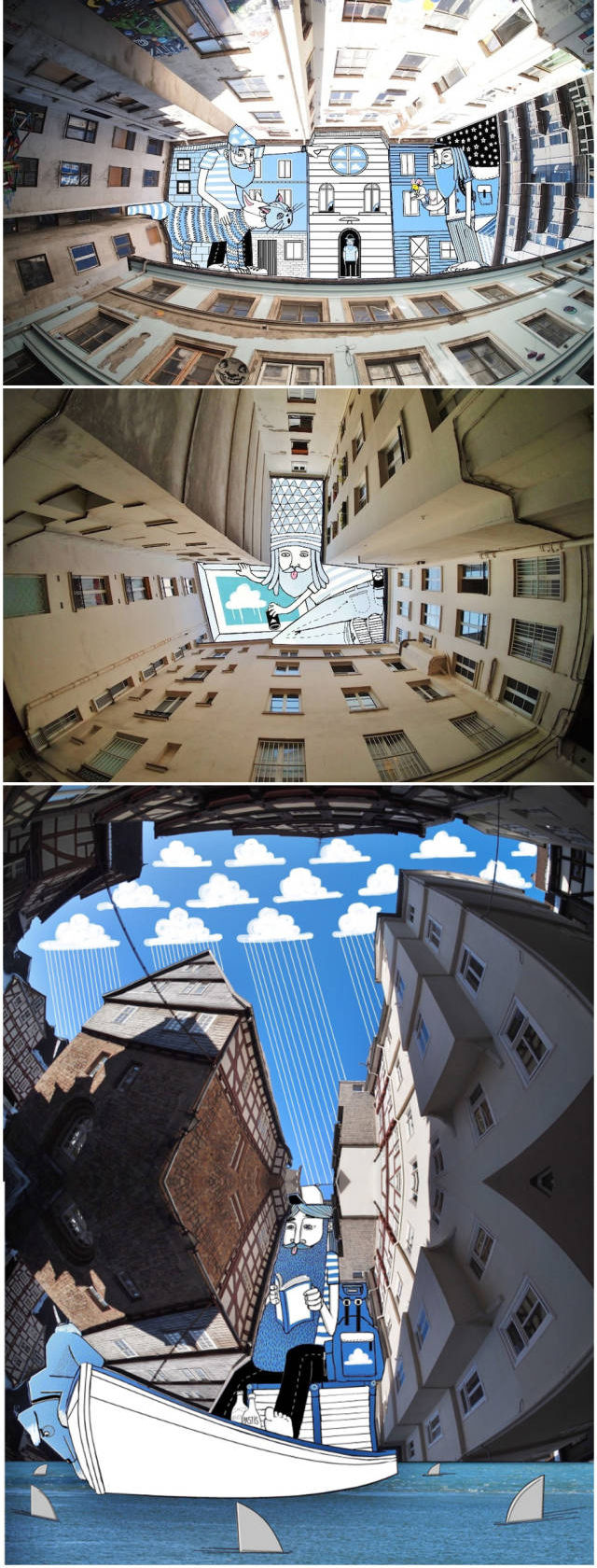 牛人艺术家在楼宇间的狭窄天空中作画