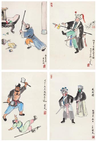 关良（1900-1986） 水浒人物四屏