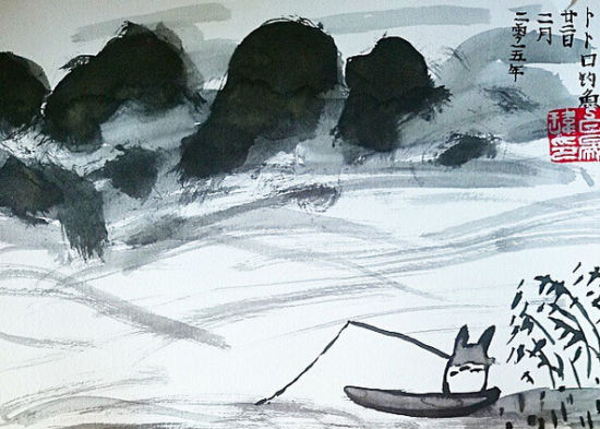 　孤舟大龙猫，独钓寒江雪。