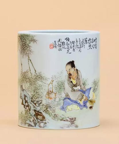民国 涂菊亭 粉彩人物笔筒