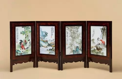 粉彩花鸟、山水、竹石、双马图文房册页