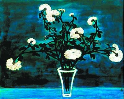  常玉作品《蓝色辰星（菊花与玻璃瓶）》