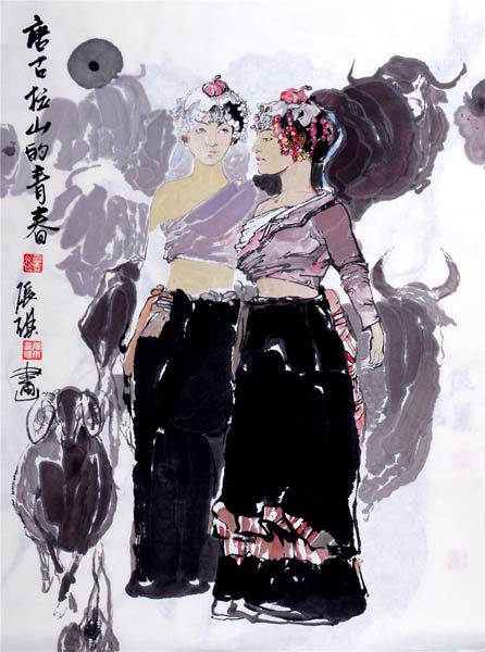   藏族姑娘 宣纸 中国画 68X78cm1