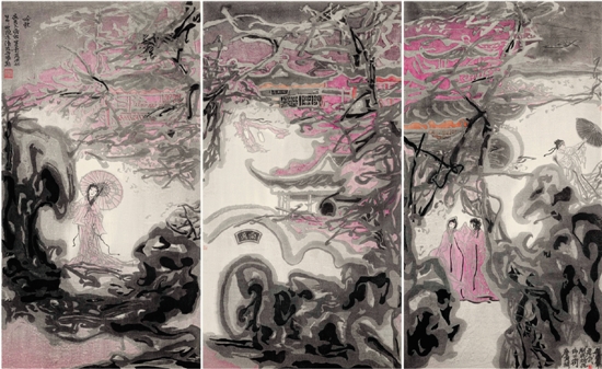   凌君武（苏州版画院） 苏州园林、昆曲—世界文化遗产的新颜版画 180×90cm×3