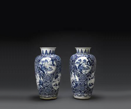 青花缠枝莲纹开光山水人物图罐一对（Salvatore Ugarte收藏）