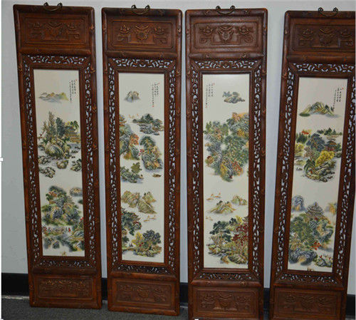   汪野亭四屏瓷板画，长：76.5cm，宽24.5cm四条屏