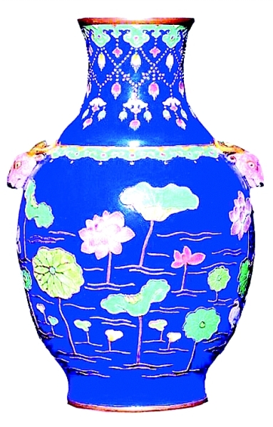   仿珐华莲池水禽纹双鹿耳罐