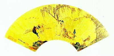 明仇英扇画 《山水人物图》 