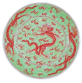   绿地矾红彩龙纹盘 