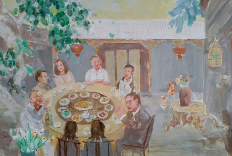 油画《北京人》“痞子”王朔（左一）与“大炮”任志强（右一）饭桌上谈笑风生