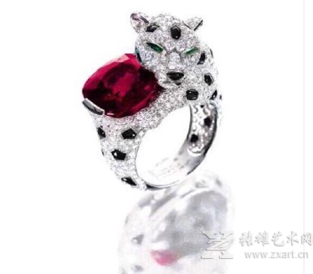10.62卡拉古垫形天然缅甸红宝石配缟玛瑙及钻石“豹”戒指 由卡地亚镶嵌
