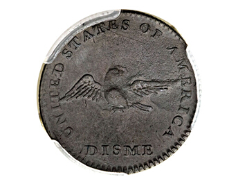 图为一枚 1792 年 P10C 十美分铜币，Judd-10，Pollock-11，XF40 PCGS Secure。
