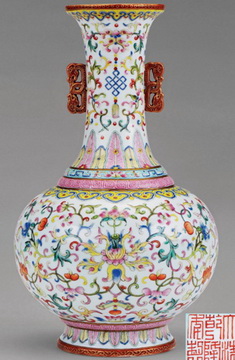 清乾隆 粉彩宝相花交龙耳瓶 高 29 cm