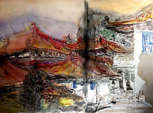 黄永生水彩画《禅院》