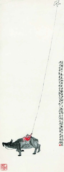  红衣牛背雨丝丝（国画） 151.5×56.5厘米  1952年 齐白石 中国美术馆藏