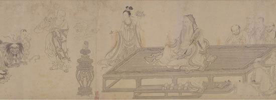   《维摩演教图》中维摩诘安坐焚香讲道的画面。《维摩诘经》是中国佛教极为推崇的经典，著名诗人王维深受其影响，于是改名“维”，字“摩诘”。