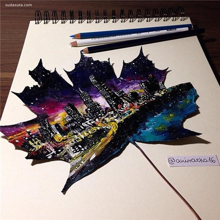 一片叶子上描绘的城市和自然