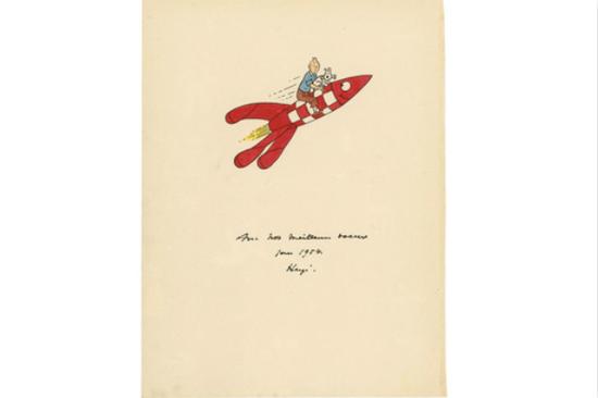 绘画《丁丁、狗狗白雪和火箭》，1953年-1954年，题字“美好祝愿1954”（With Our Best Wishes for 1954），估价：31932美元-42576美元。