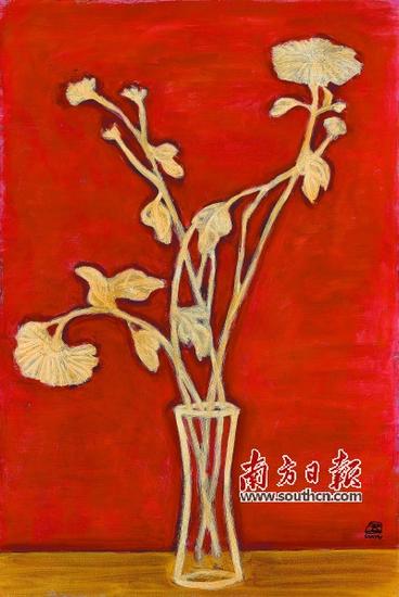 常玉1940年代的作品《黄桌上的菊花瓶》。