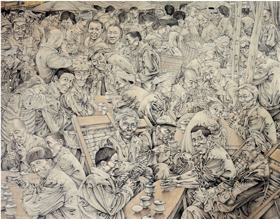 黄山 黄丹 祥和-巴渝村镇即景 133×170cm 综合材料 2014年