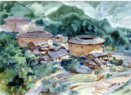 《南靖土楼》陈杰民54×39cm 2007年 入选 2008中国庐山水彩画艺术