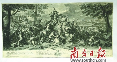查尔斯·勒布伦18世纪铜版版画《亚历山大与波罗斯之役之一真正的力量永远不败》。 查尔斯·勒布伦18世纪铜版版画《亚历山大与波罗斯之役之一真正的力量永远不败》。