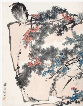潘天寿《鹰石山花图》