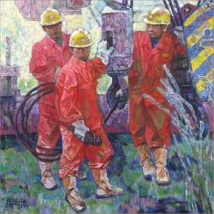   三个采油工（油画）  广廷渤