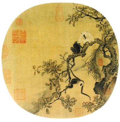 故宫博物院藏宋代中国画《猿猴摘果图》。