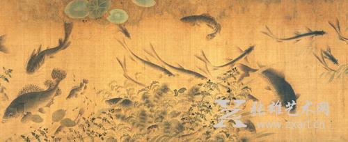   北宋 刘窠 《落花游鱼图》 长卷 绢本 设色 (美)圣路易斯美术馆藏(局部)
