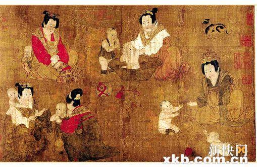 ■唐代周昉《戏婴图》，曾为近代张葱玉所收藏。
