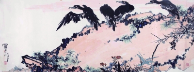   潘天寿 《鹰石图》 镜片 设色纸本 110×300厘米 成交价1.15亿元 上海嘉禾2015年秋拍