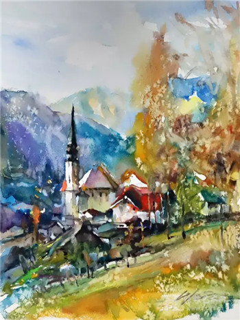 小镇风光 水彩画 44×33cm