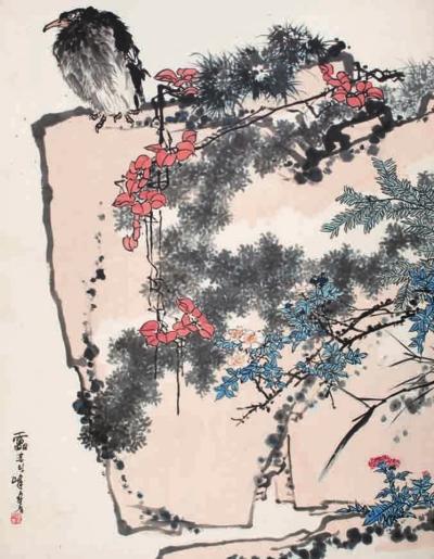   潘天寿鹰石山花图182.3×141.8cm   