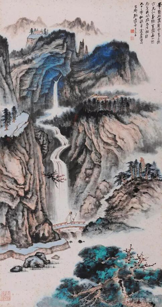 张大千 《峰峦匹练》，1973年，设色纸本，195×104cm