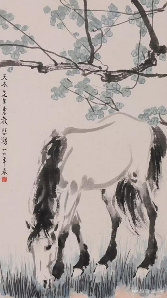 徐悲鸿 《桐荫骏马》，1937年，设色纸本，176×43cm