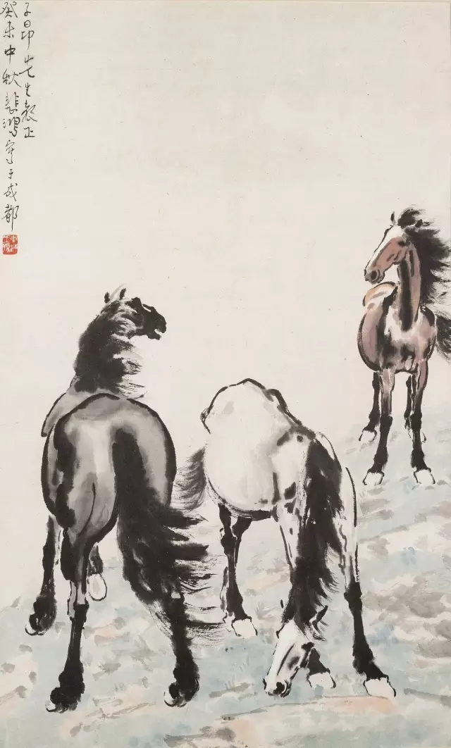   徐悲鸿 春江饮马图 镜框 设色纸本 1943 年作 题识：子昂先生教正，癸未中秋悲鸿写于成都。