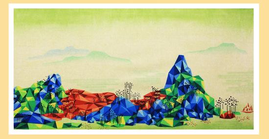   曹欧 《重构山水-8》 50×100cm 木板水印 2015