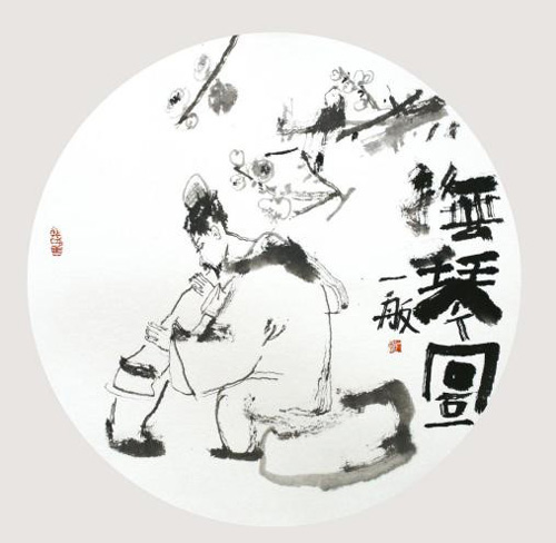 隋牟，《抚琴图》，卡纸，42×42cm，2016