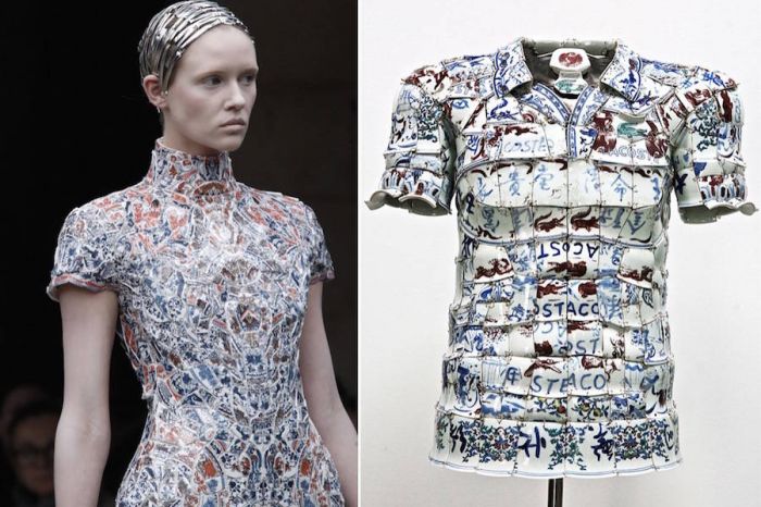李晓峰利把古瓷碎片编制成服饰艺术品