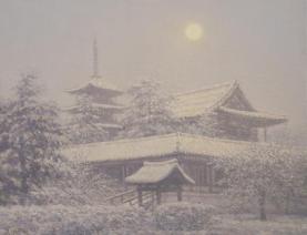 寻迹唐风-法隆寺净月（五重塔_金堂） 31.8×41cm 布面油画