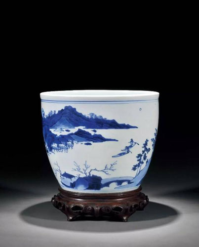 明崇祯 青花山水人物纹缸　直径 D 21.2cm带座
