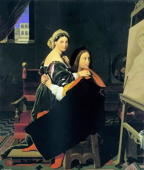   安格尔创作于1814年的《拉斐尔和弗纳利娜》，藏于哈佛大学福格美术馆。