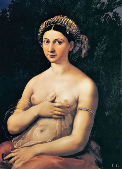   拉斐尔创作于1518年的画中画《弗纳利娜》， 藏于罗马国家美术馆