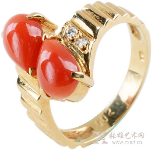 207. 天然红珊瑚戒指（戒托采用18k黄金材质）无底价