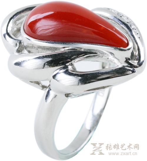 208. 天然牛血红aka红珊瑚戒指（戒托采用铂金材质）无底价 