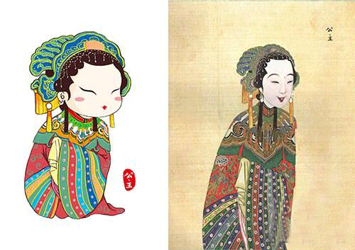 国图馆藏《庆赏升平》为基础设计的公主形象（左），右图为《庆赏升平》中的公主形象